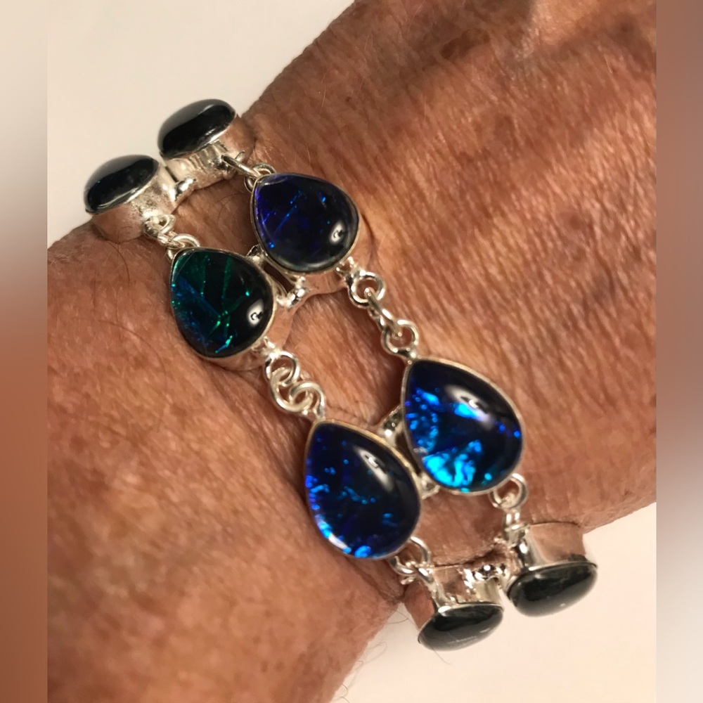 Triplet Fire Opal Stamped 925 Sterling Silver Bracelet